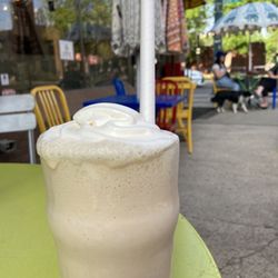 Vanilla Rooibos milkshake (thin but very filling!) on a very dog friendly patio