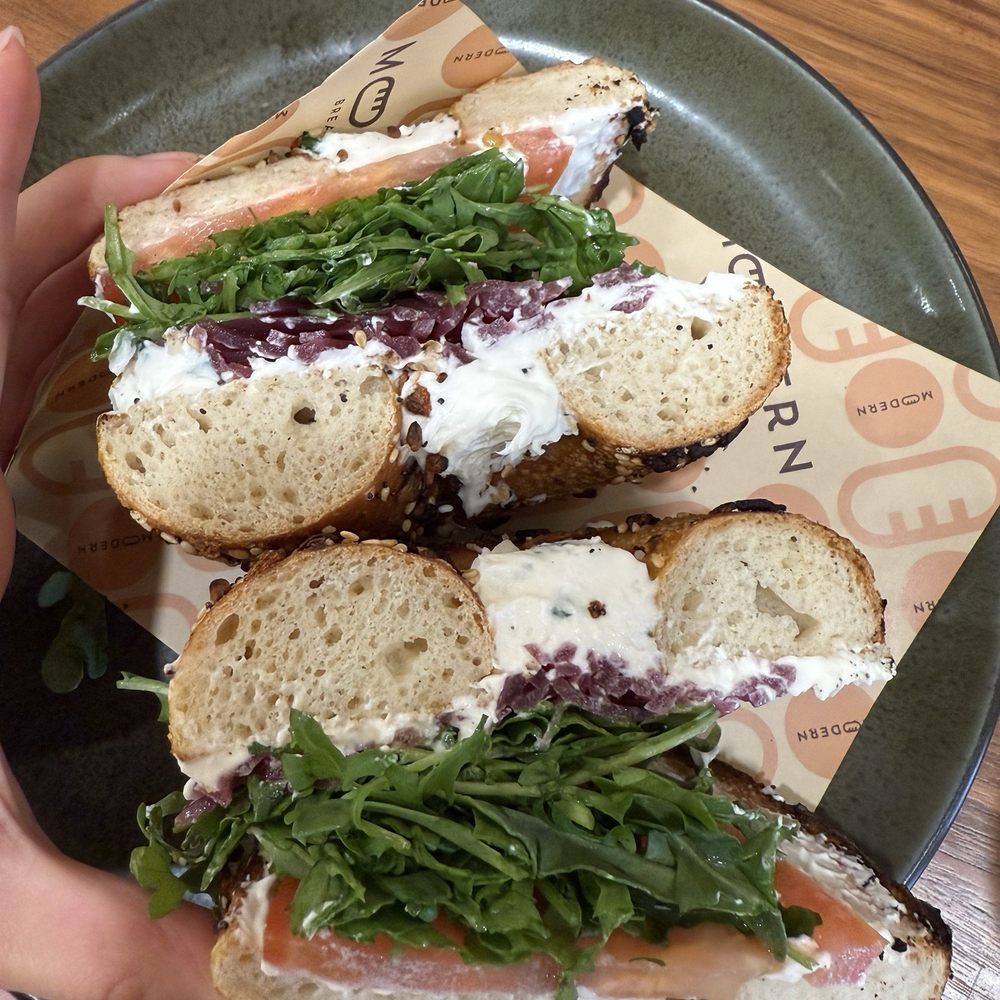 Modern Bread & Bagel - Created my own bagel - everything bagel, chive cream cheese, tomato, Arugula, pickled onion - Bakeries Near Me - Beverly Hills, California Modern Bread & Bagel - Created my own bagel - everything bagel, chive cream cheese, tomato, Arugula, pickled onion - Bakeries Near Me - Beverly Hills, California