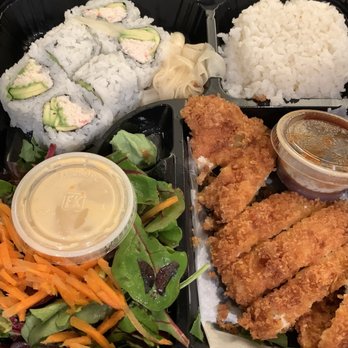 Ozora Sushi Restaurant - Bento dinner with chicken katsu, California roll and mixed tempura (not shown), with salad and a flavorful ginger dressing. - Sushi Bars Near Me - Concord, California Ozora Sushi Restaurant - Bento dinner with chicken katsu, California roll and mixed tempura (not shown), with salad and a flavorful ginger dressing. - Sushi Bars Near Me - Concord, California