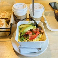 Cool River Coffee House & Bakery - Veggie scramble, no cheese, chorizo burrito, gluten free/vegan bb lemon muffin & bb muffin, 2 americanos