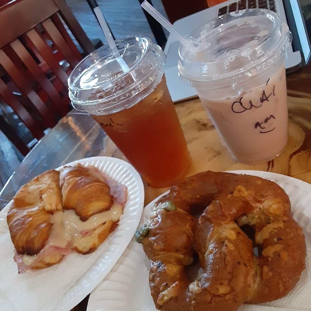 Back to the Grind - iced chai latte peach tea ham and cheese croisssant feta spinach pretzel - Coffee & Tea Near Me - Riverside, California