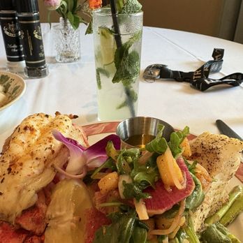 Rosemary and Thyme - Watermelon Radish Halibut, Mango Risotto, asparagus, cold water lobster tail - American Near Me - Sarasota, Florida Rosemary and Thyme - Watermelon Radish Halibut, Mango Risotto, asparagus, cold water lobster tail - American Near Me - Sarasota, Florida
