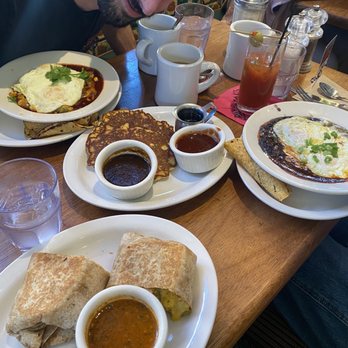 Cafe Pasqual's - Breakfast burrito + corn pancake w mole - Vegetarian Near Me - Santa Fe, New Mexico