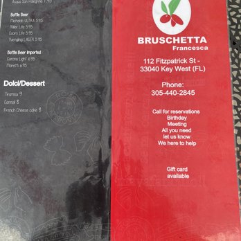 Bruschetta Francesca - Back of menu - Italian Near Me - Key West, Florida Bruschetta Francesca - Back of menu - Italian Near Me - Key West, Florida