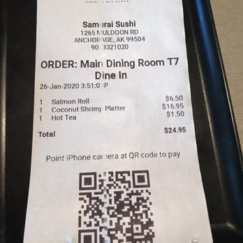 Samurai Sushi Garden - Receipt for salmon roll, tea, coconut shrimp dinner. - Japanese Near Me - Anchorage, Alaska Samurai Sushi Garden - Receipt for salmon roll, tea, coconut shrimp dinner. - Japanese Near Me - Anchorage, Alaska