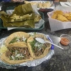 El Mercadito Taqueria - Taco regulares, chips and salsa, green burrito, and chicken quesadilla.