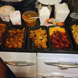 Wok N Go - Left to right - General Tso's, Orange Chicken, Sesame Chicken, Bbq Pork, Lo Mein (chicken). Top center: Hot & Sour Soup