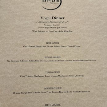 Opus at The Belfry House - The 5 course menu for this evening - New American Near Me - Delavan, Wisconsin Opus at The Belfry House - The 5 course menu for this evening - New American Near Me - Delavan, Wisconsin