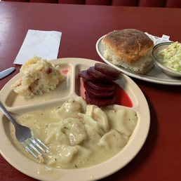 Chicken and dumplings, potato Salad, beets, fresh roll and slaw!! The perfect portions as well. All for unbelievable price!! Chicken and dumplings, potato Salad, beets, fresh roll and slaw!! The perfect portions as well. All for unbelievable price!!