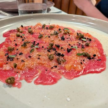 Walrus Rodeo - Tuna Carpaccio. $25. Miso eggplant, black olive, tomato. - Italian Near Me - Miami, Florida Walrus Rodeo - Tuna Carpaccio. $25. Miso eggplant, black olive, tomato. - Italian Near Me - Miami, Florida