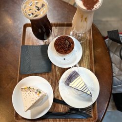 Gäbi Boutique Donut & Pastry - Stephanie - Iced Americano, milk tea, earl grey cake, ube crepe cake, and tiramisu cup
