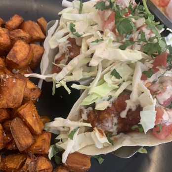 The Blue Hen Cafe - Baja BBQ Shrimp tacos and sweet potatoes - Southern Near Me - Saint Augustine, Florida