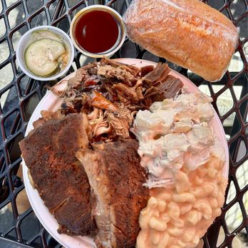 J & J Smokehouse BBQ - Trio Platter with Pork Ribs, Jerk Chicken, Pulled Brisket, Potato Salad, and Mac & Cheese. - Barbeque Near Me - Catskill, New York J & J Smokehouse BBQ - Trio Platter with Pork Ribs, Jerk Chicken, Pulled Brisket, Potato Salad, and Mac & Cheese. - Barbeque Near Me - Catskill, New York