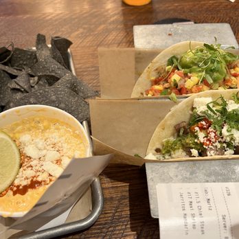 Velvet Taco - Elote salsa and chips - Very Good MexiCali Shrimp- Very good Chimichuri Steak- Not so much - New American Near Me - Grapevine, Texas