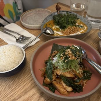 Song - Mushroom & tofu stir fry, rice, and duck confit red curry (Song set menu) - Thai Near Me - Vancouver, British Columbia