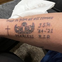Inkslinger's Tattoo Studio - Beka did this tattoo for me just yesterday. In memorial of my wonderful son. She is amazing. See the detail in the EOD crab.