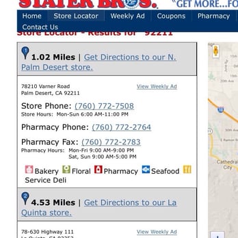Stater Bros. Markets - Store Hours are different than Pharmacy Hours... Both sets of hours are listed... - Grocery Near Me - Palm Desert, California Stater Bros. Markets - Store Hours are different than Pharmacy Hours... Both sets of hours are listed... - Grocery Near Me - Palm Desert, California