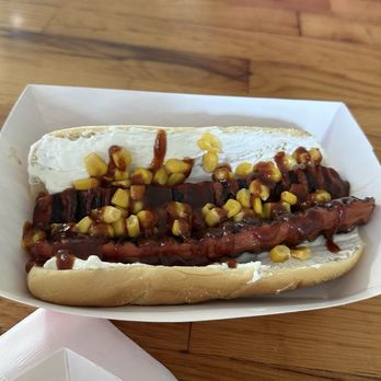 What’s Up Dog - 1/4 Pounder Hot Dog Combo with corn, BBQ sauce, and cream cheese - Hot Dogs Near Me - Bellevue, Washington