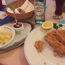 Veal schnitzel, fresh cranberries and German potato salad - nom Veal schnitzel, fresh cranberries and German potato salad - nom