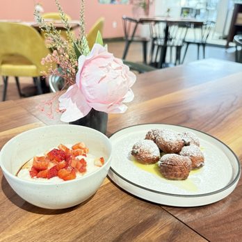 Lady Elaine - Coconut panna cotta and ricotta fritters - Mediterranean Near Me - Honolulu, Hawaii Lady Elaine - Coconut panna cotta and ricotta fritters - Mediterranean Near Me - Honolulu, Hawaii