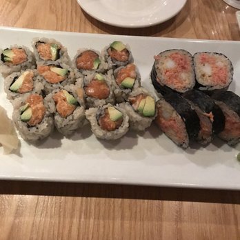 Sushi Tsushima - Left to right : Spicy Salmon Avocado; Salmon Avacado; Spicy Tuna shrimp tempura - Japanese Near Me - New York, New York Sushi Tsushima - Left to right : Spicy Salmon Avocado; Salmon Avacado; Spicy Tuna shrimp tempura - Japanese Near Me - New York, New York