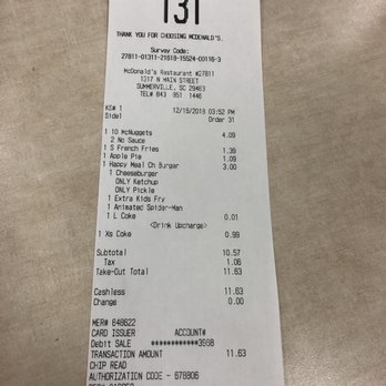McDonald's - the receipt for the restaurant - Coffee & Tea Near Me - Summerville, South Carolina McDonald's - the receipt for the restaurant - Coffee & Tea Near Me - Summerville, South Carolina