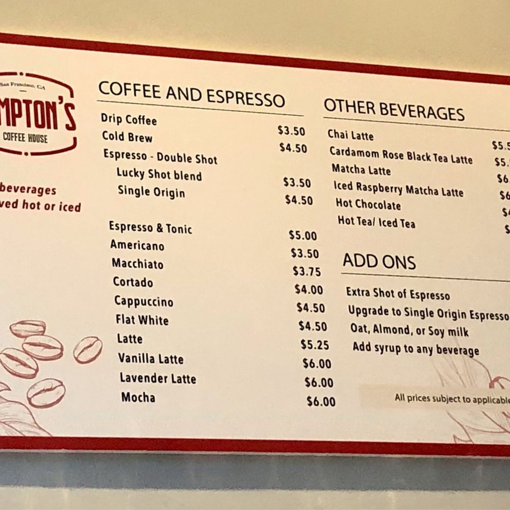 Compton's Coffee House - Menu (4/2025) - Coffee & Tea Near Me - San Francisco, California