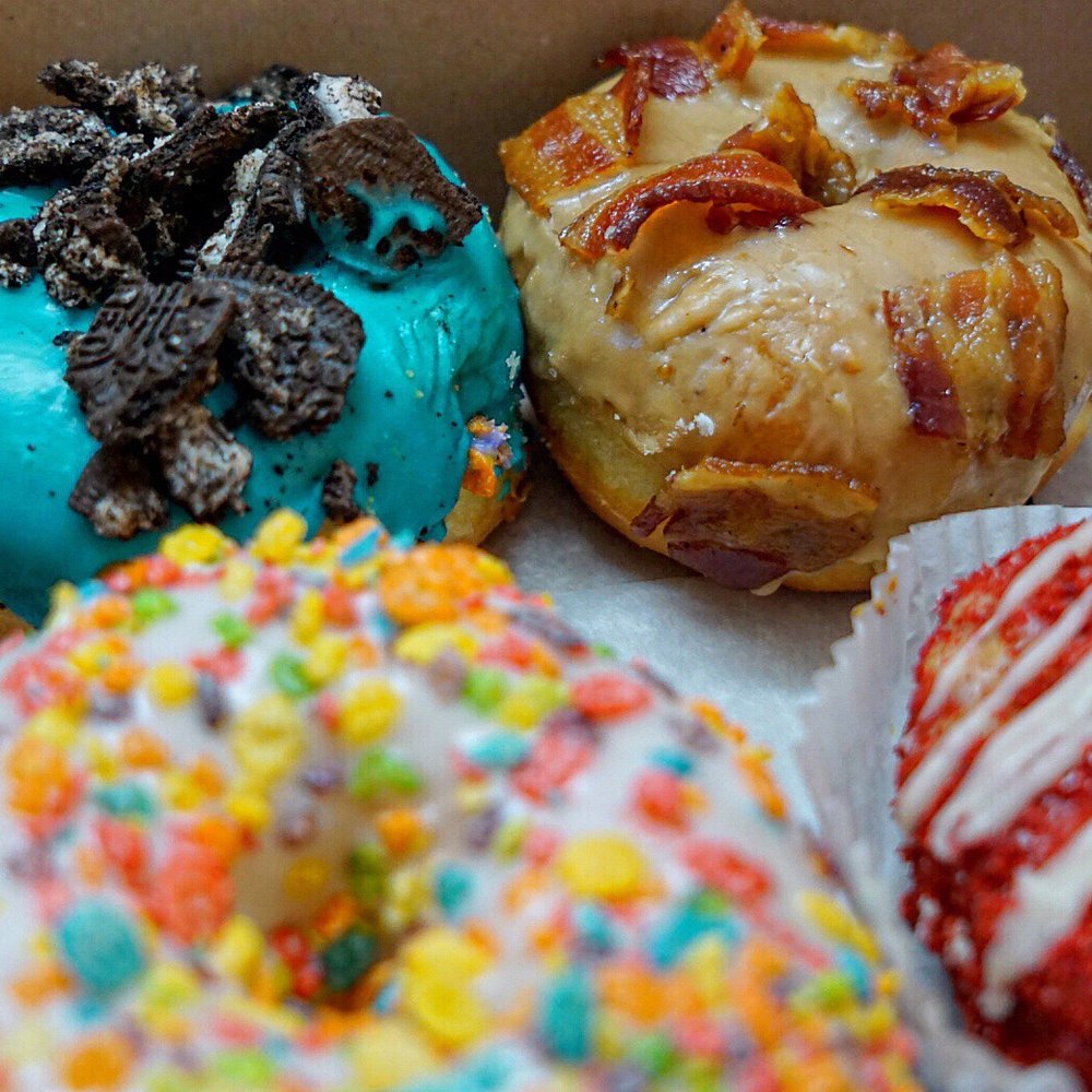 Bakers Donuts - Mint icing Oreo, maple bacon, vanilla fruity pebbles and red velvet cronut. - Donuts Near Me - Sacramento, California Bakers Donuts - Mint icing Oreo, maple bacon, vanilla fruity pebbles and red velvet cronut. - Donuts Near Me - Sacramento, California