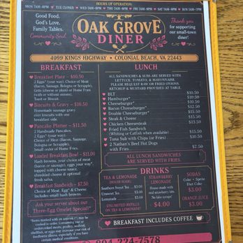 Oak Grove Diner - Menu - Coffee & Tea Near Me - Colonial Beach, Virginia Oak Grove Diner - Menu - Coffee & Tea Near Me - Colonial Beach, Virginia