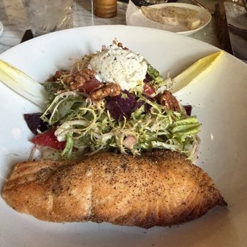 Toulouse Cafe and Bar - Beet and goat cheese salad with salmon. - French Near Me - Dallas, Texas Toulouse Cafe and Bar - Beet and goat cheese salad with salmon. - French Near Me - Dallas, Texas