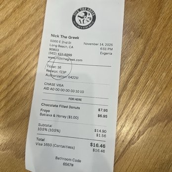 Nick The Greek - Receipt of desserts - Greek Near Me - Long Beach, California Nick The Greek - Receipt of desserts - Greek Near Me - Long Beach, California