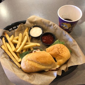 Chuck E. Cheese - This what you get for $12.43.  A skinny sandwich a handful of fries and an 8oz cup that you can refill for free - Pizza Near Me - Henderson, Nevada