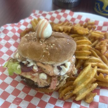 Carbon Express - a burger and french fries on a checkered plate - Colombian Near Me - Bartlett, Illinois