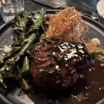 Earls Kitchen + Bar - 9oz Steak with peppercorn sauce, mashed potatoes, and charred broccolini. - New American Near Me - Boston, Massachusetts Earls Kitchen + Bar - 9oz Steak with peppercorn sauce, mashed potatoes, and charred broccolini. - New American Near Me - Boston, Massachusetts