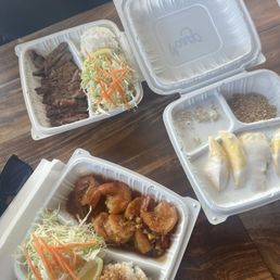 Spicy garlic shrimp. Rib eye. Mango sticky rice. Spicy garlic shrimp. Rib eye. Mango sticky rice.