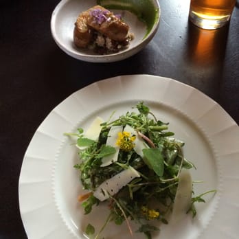 The Shack - Fried ramp salad (front); smoked chili and garlic sausage with goose beans and ramp puree (back) - New American Near Me - Staunton, Virginia