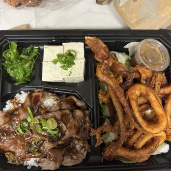 Genki Sushi - Wagyu Marinated beef with fried squid Bento - Japanese Near Me - Aiea, Hawaii