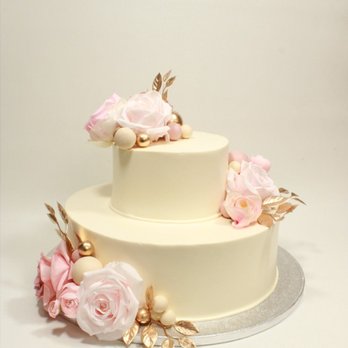 Dessert Works - 2 Tier cake with silk flowers in shades of pink with gold leaves. - Desserts Near Me - Westwood, Massachusetts Dessert Works - 2 Tier cake with silk flowers in shades of pink with gold leaves. - Desserts Near Me - Westwood, Massachusetts