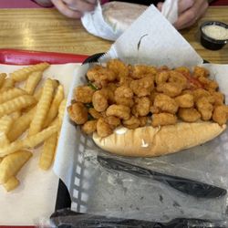 Sam's Super Burger - There is actually mayo, lettuce, pickles and tomatoes underneath all of those shrimp!