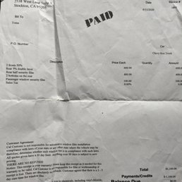 Receipt for, In My Opinion a horrible tint job!