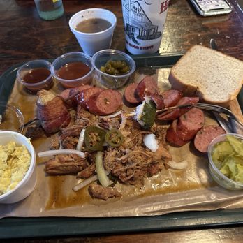 Hard Eight BBQ - Jalapeno sausage, pulled pork, Chicken Poppers, their bean soup and potato salad - Barbeque Near Me - Coppell, Texas