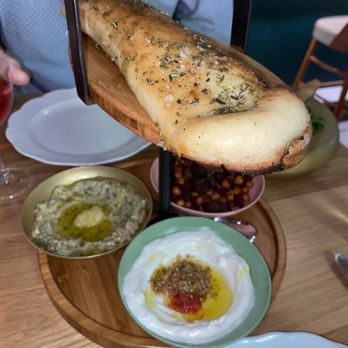 Dagon - 3 Mezze: whipped eggplant, labneh, and marinated beets (+very good bread!) - Bars Near Me - New York, New York Dagon - 3 Mezze: whipped eggplant, labneh, and marinated beets (+very good bread!) - Bars Near Me - New York, New York
