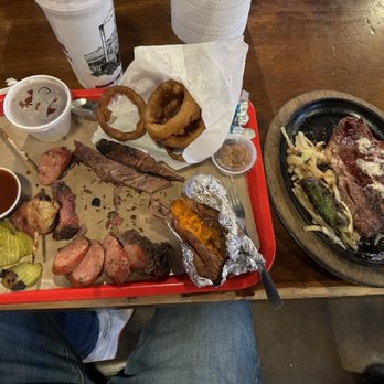 Hard Eight BBQ - Brisket, sweet potato, onion rings and sausage - Barbeque Near Me - Coppell, Texas