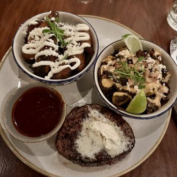 Ambar - Their tenderloin topped with herbed bone marrow butter, crispy ancho-lime brussel sprouts and roasted plantains. - Mexican Near Me - El Paso, Texas