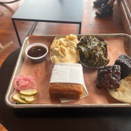 Pork Belly Burnt Ends Cowboy Plate, Cornbread, Collard Greens, Hatch Green Chile Mac 'n' Cheese Pork Belly Burnt Ends Cowboy Plate, Cornbread, Collard Greens, Hatch Green Chile Mac 'n' Cheese