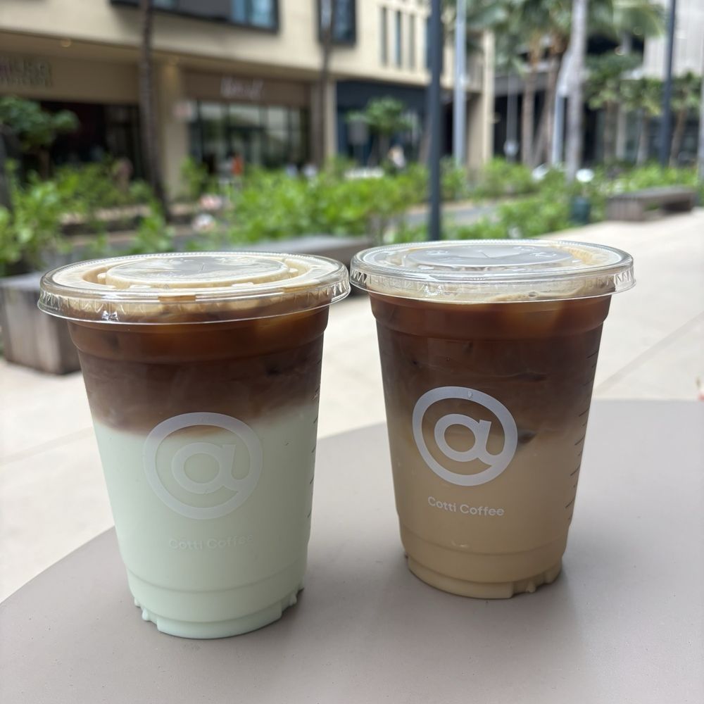 Cotti Coffee - Pandan latte left and caramel oat latte right - Coffee & Tea Near Me - Honolulu, Hawaii Cotti Coffee - Pandan latte left and caramel oat latte right - Coffee & Tea Near Me - Honolulu, Hawaii