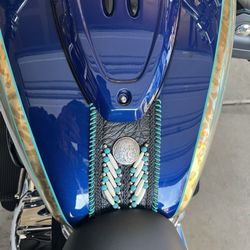 Danny Bally’s Custom Painting - Tank after: dash removed chrome, added gold leaf & turquoise pin stripe.