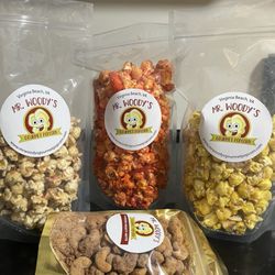Mr. Woody's Gourmet Popcorn - Birthday Cake, 5 Alarm, Banana Pudding, Cashew Frosty Nuts