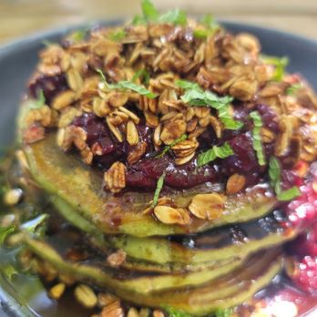 Coco Plum Place - Stack O' Cakes Matcha and Flax Seeds Pancakes, Maple Berry Compote, Coconut Granola, Seaside Mint - Coffee & Tea Near Me - Key Largo, Florida