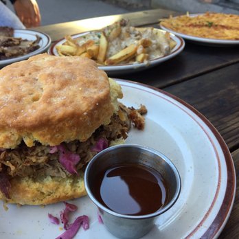Pine State Biscuits - BBQ biscuit(pulled pork) with French fries and gravy - Breakfast & Brunch Near Me - Portland, Oregon Pine State Biscuits - BBQ biscuit(pulled pork) with French fries and gravy - Breakfast & Brunch Near Me - Portland, Oregon